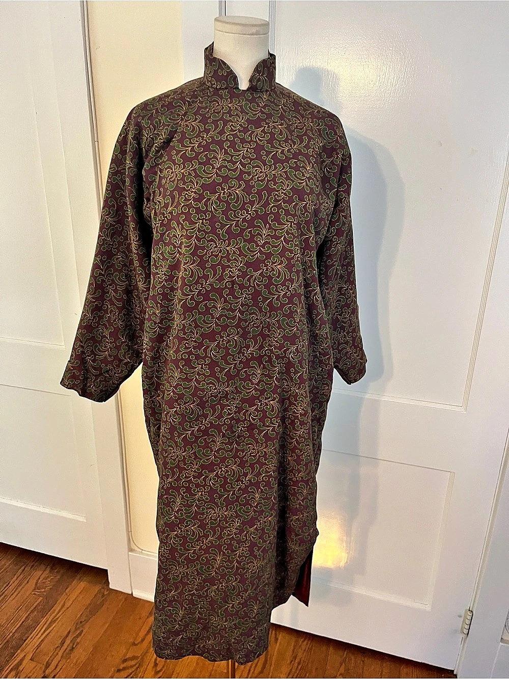 Vintage Japanese Coat Dress | Burgundy & Emerald Mandarin Collar | Purchased in